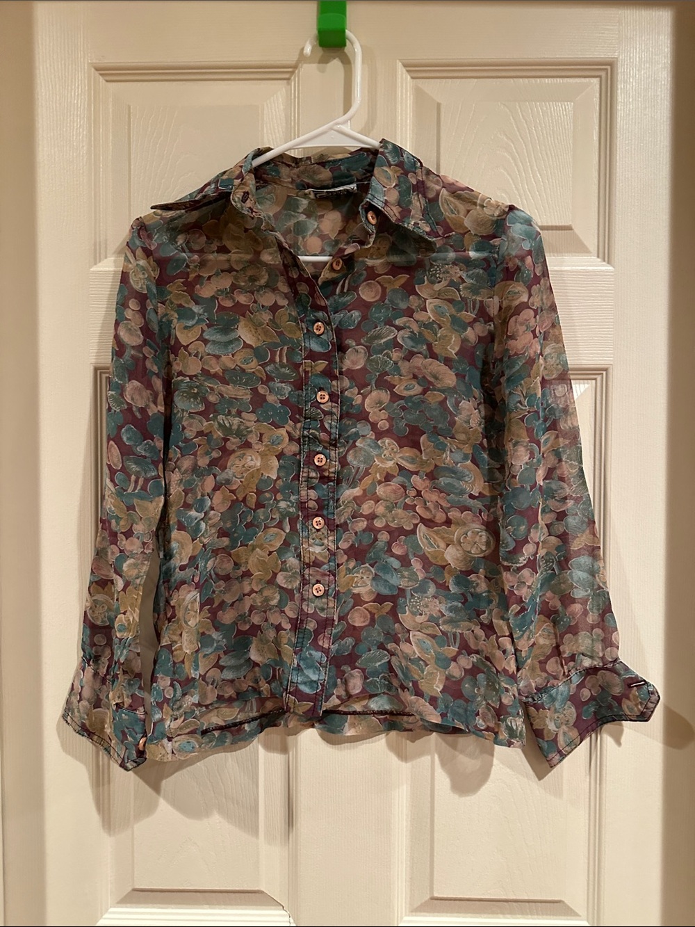 Floral Sheer Button-Up Top - Teal & Mauve